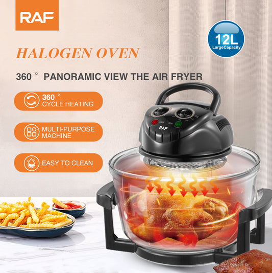RAF 12L Digital 3-in-1 Glass Halogen Oven & Air Fryer (R.5302) – 1300W/3500W High-Speed Desktop Cooker