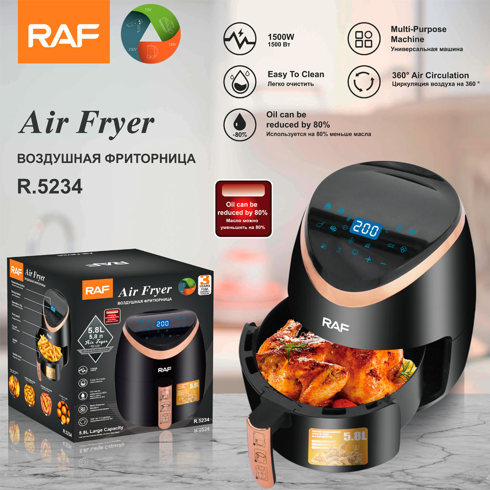 RAF 5.8L Double Pot Digital Air Fryer (R.5234) – 1500W Smart Touch Screen & Non-Stick Stainless Steel Cooker