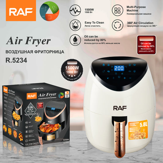 RAF 5.8L Double Pot Digital Air Fryer (R.5234) – 1500W Smart Touch Screen & Non-Stick Stainless Steel Cooker
