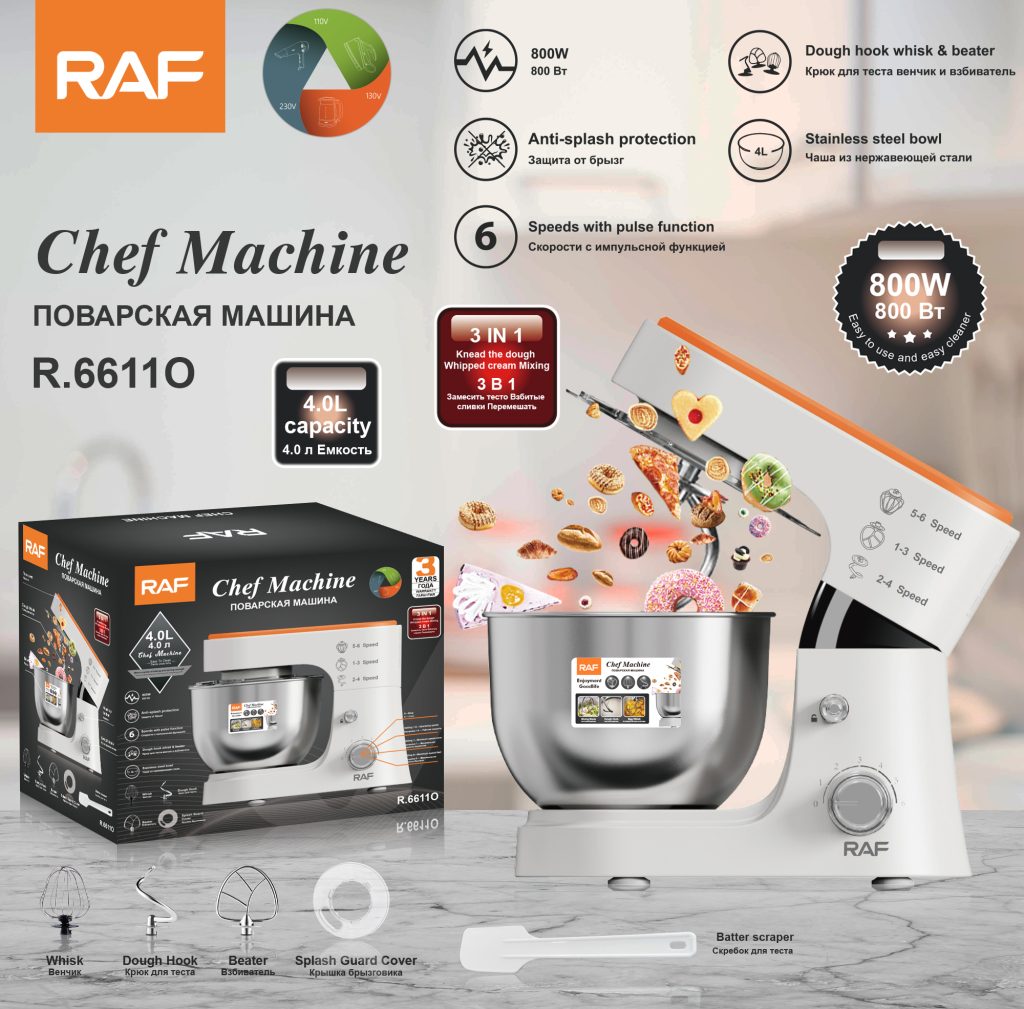 Smart Electric Stand Mixer RAF R.6611 – 4L Die-Cast Body Professional Chef Machine (Spiral Dough Hook, Meat Grinder & Blender Compatible)