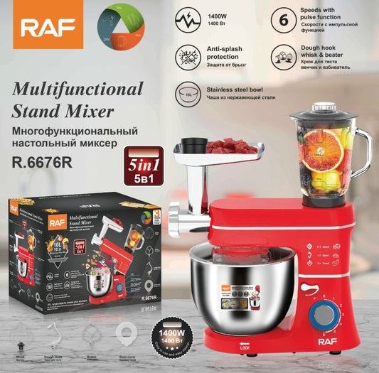 RAF R.6676 5-in-1 Professional Chef Machine – 1400W All-in-One Stand Mixer, Blender, Meat Grinder & Juicer (Large 6.8L_10L Bowl with Handle)