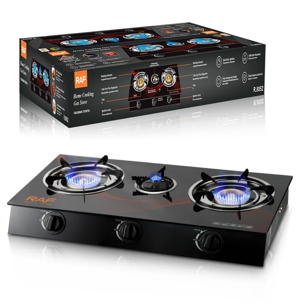 RAF R.8052 Triple Burner Glass Top Gas Stove – High-Efficiency Home Cooking Gas Cooker with Flame Failure Protection