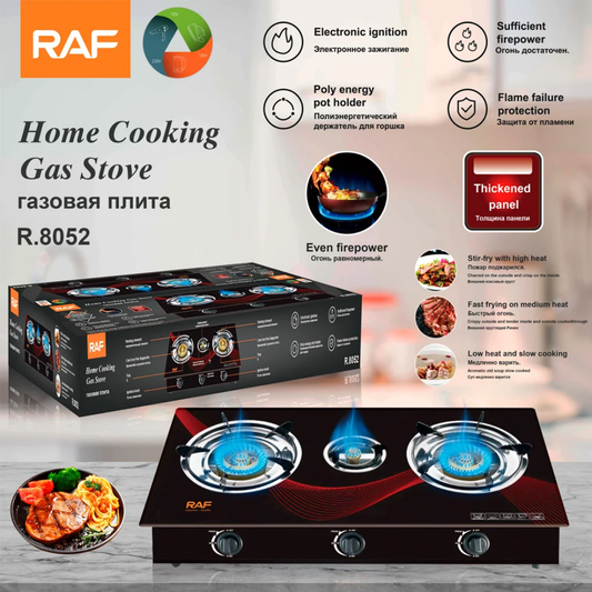 RAF R.8052 Triple Burner Glass Top Gas Stove – High-Efficiency Home Cooking Gas Cooker with Flame Failure Protection