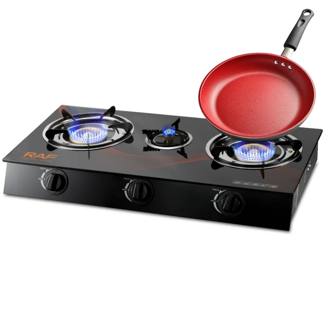 RAF R.8052 Triple Burner Glass Top Gas Stove – High-Efficiency Home Cooking Gas Cooker with Flame Failure Protection