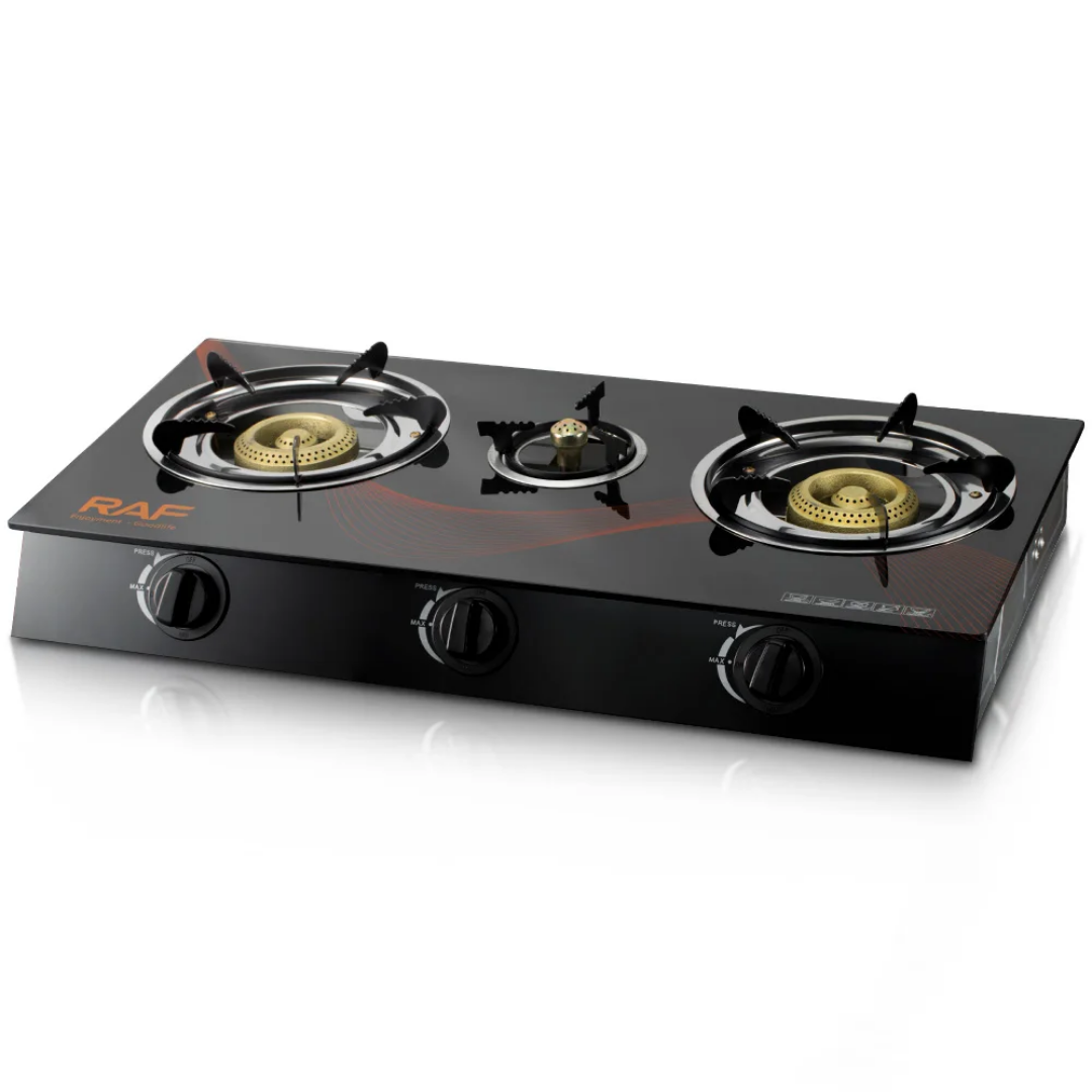 RAF R.8052 Triple Burner Glass Top Gas Stove – High-Efficiency Home Cooking Gas Cooker with Flame Failure Protection
