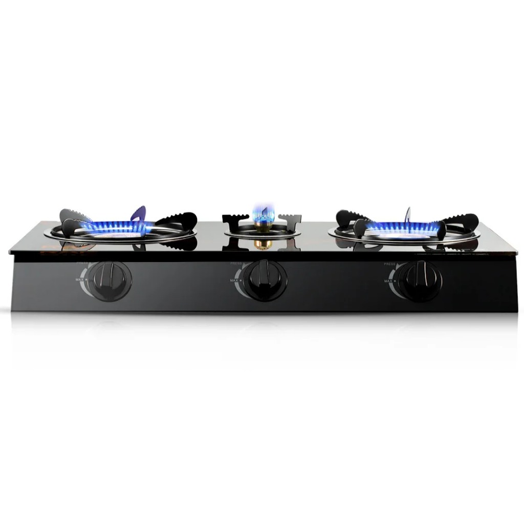 RAF R.8052 Triple Burner Glass Top Gas Stove – High-Efficiency Home Cooking Gas Cooker with Flame Failure Protection