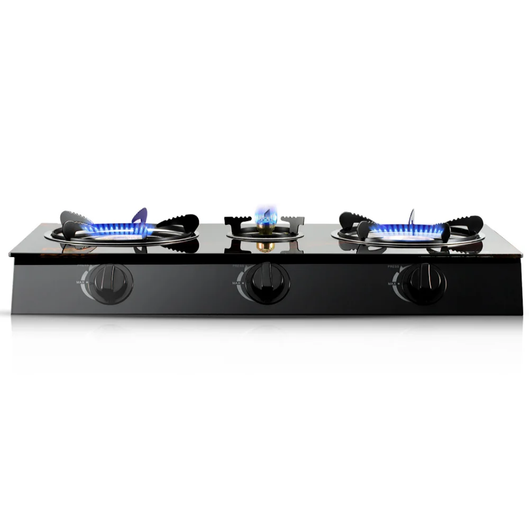 RAF R.8052 Triple Burner Glass Top Gas Stove – High-Efficiency Home Cooking Gas Cooker with Flame Failure Protection