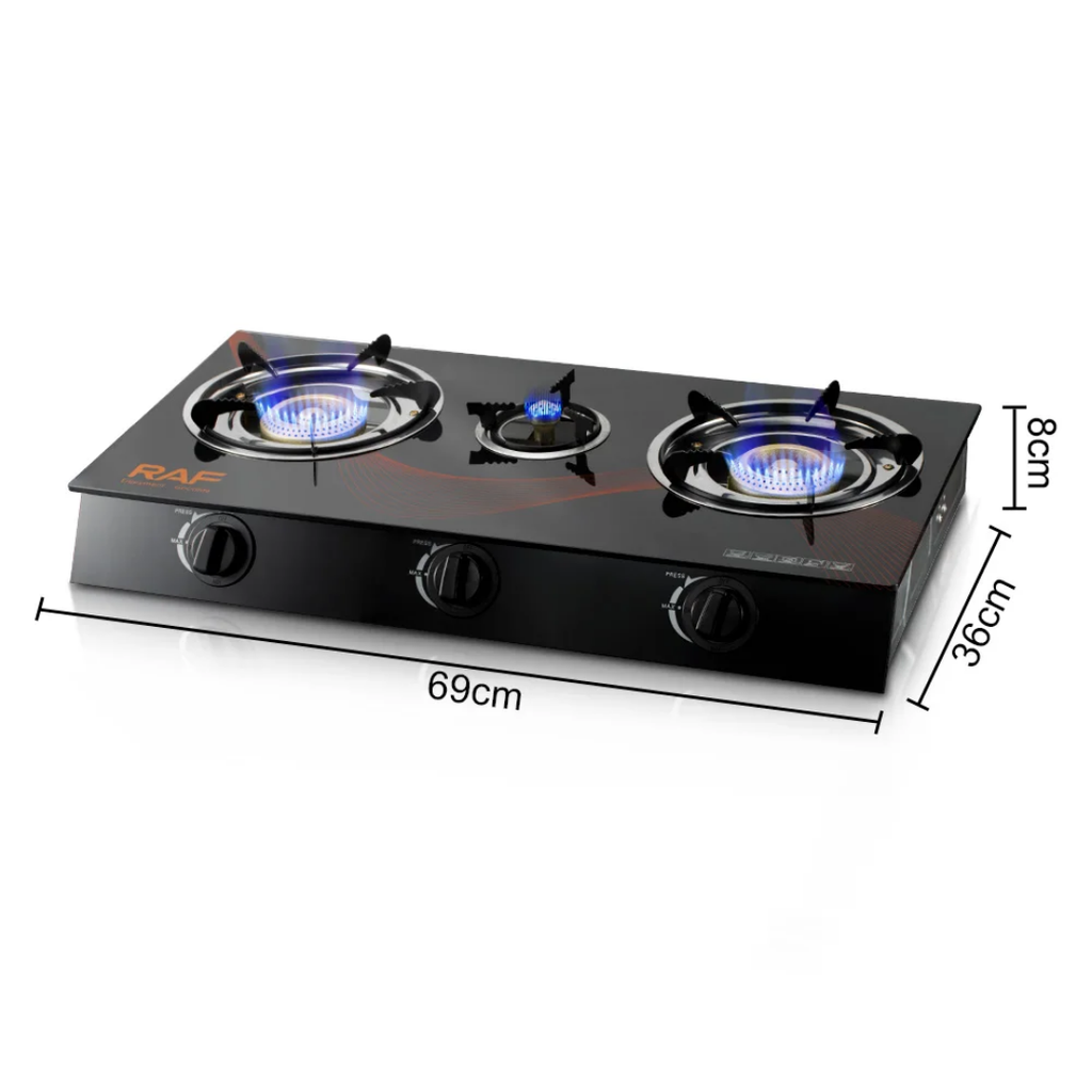 RAF R.8052 Triple Burner Glass Top Gas Stove – High-Efficiency Home Cooking Gas Cooker with Flame Failure Protection