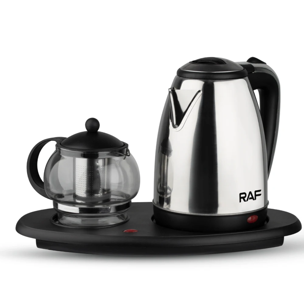 RAF R.7899 Luxury Electric Kettle & Glass Teapot Set – 2200W Stainless Steel Tea Maker Station with LED Indicator