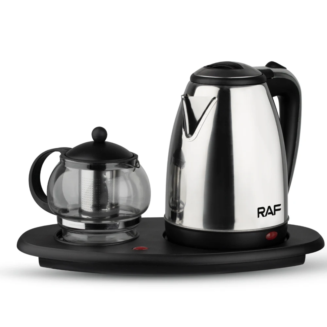 RAF R.7899 Luxury Electric Kettle & Glass Teapot Set – 2200W Stainless Steel Tea Maker Station with LED Indicator