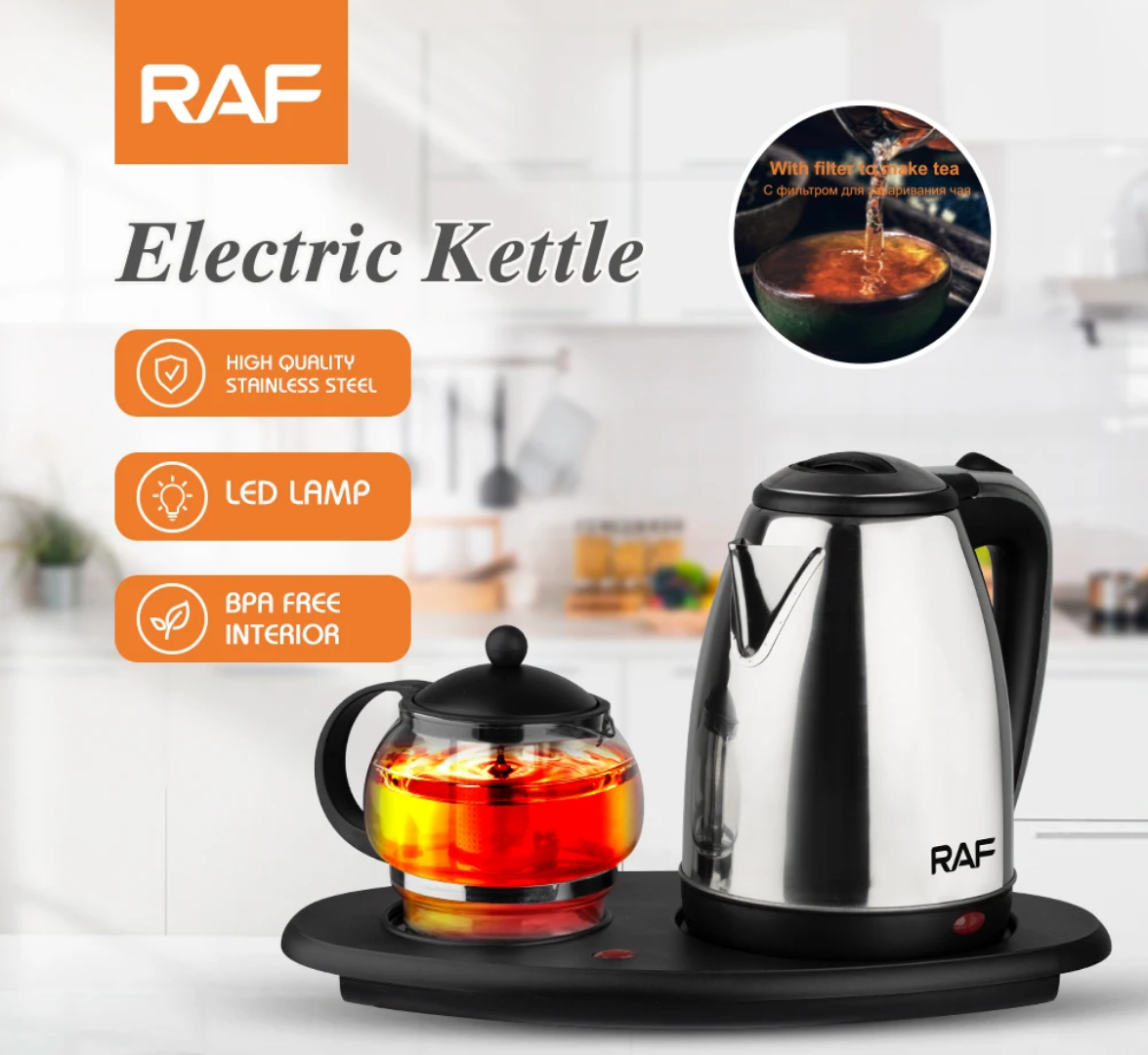 RAF R.7899 Luxury Electric Kettle & Glass Teapot Set – 2200W Stainless Steel Tea Maker Station with LED Indicator