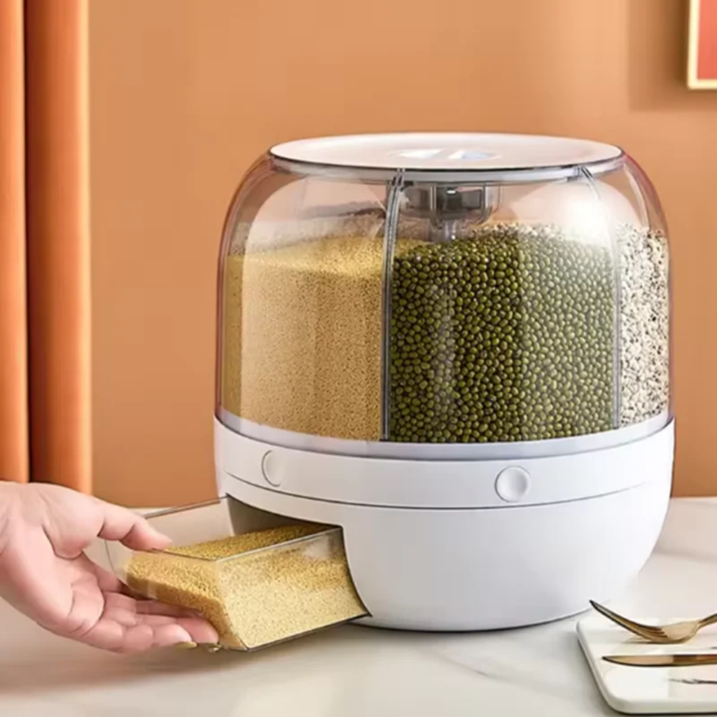 ZR2121 6Grid Rotating Cereal & Grain Dispenser – 360° Moisture-Proof Dry Food Storage Organizer with One-Button Measuring