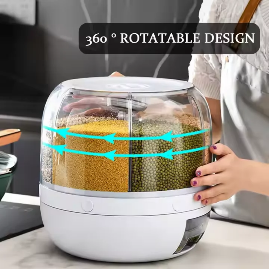 ZR2121 6Grid Rotating Cereal & Grain Dispenser – 360° Moisture-Proof Dry Food Storage Organizer with One-Button Measuring