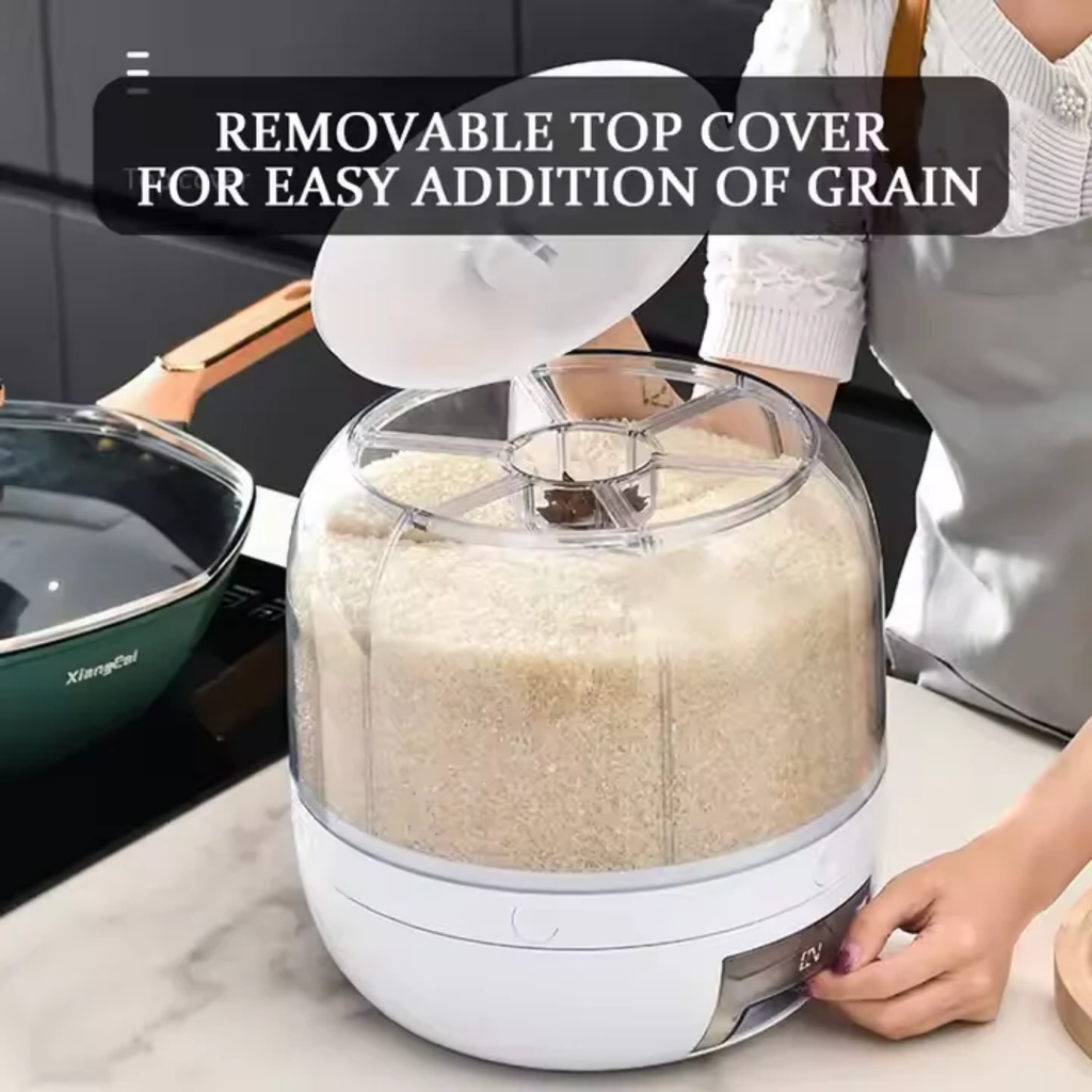ZR2121 6Grid Rotating Cereal & Grain Dispenser – 360° Moisture-Proof Dry Food Storage Organizer with One-Button Measuring