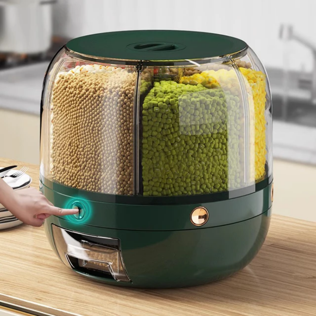ZR2121 6Grid Rotating Cereal & Grain Dispenser – 360° Moisture-Proof Dry Food Storage Organizer with One-Button Measuring