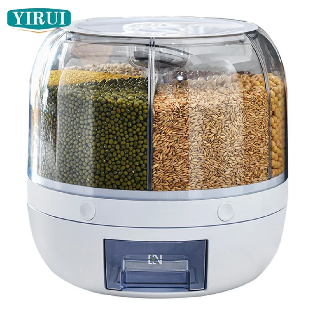ZR2121 6Grid Rotating Cereal & Grain Dispenser – 360° Moisture-Proof Dry Food Storage Organizer with One-Button Measuring