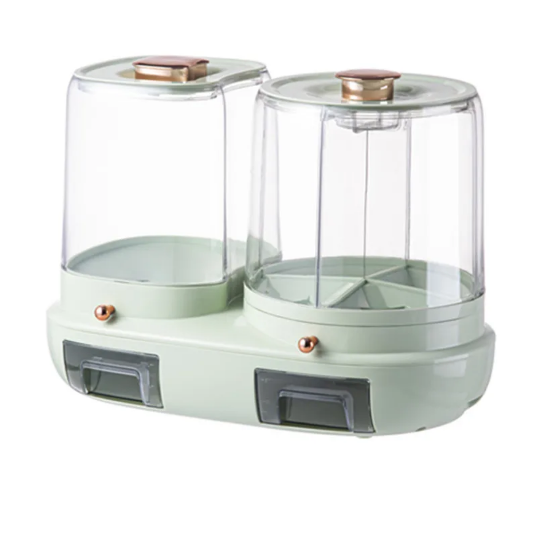 ZR.4678 Premium Dual-Tank Rotating Cereal Dispenser – Double 360° Grain Storage Organizer with Independent Measuring Drawers