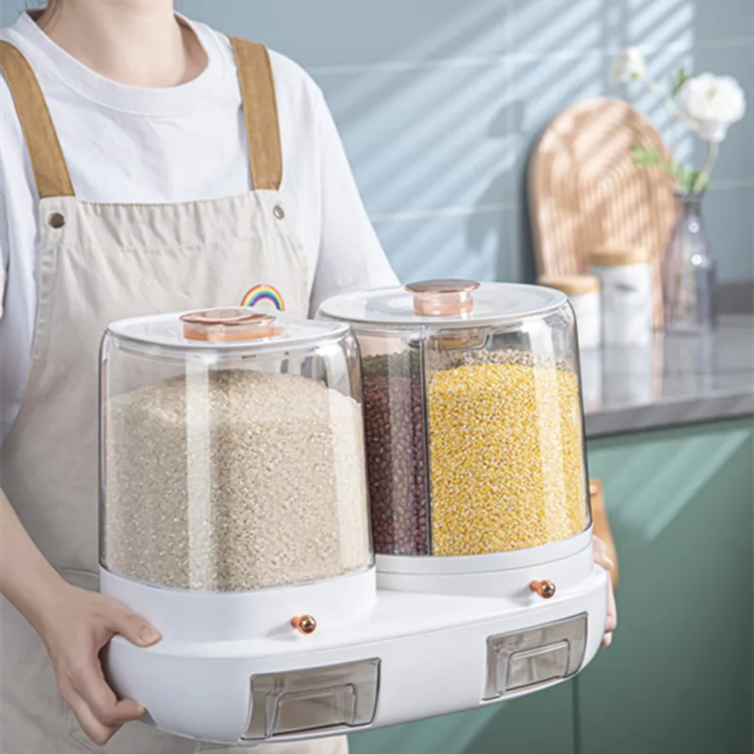 ZR.4678 Premium Dual-Tank Rotating Cereal Dispenser – Double 360° Grain Storage Organizer with Independent Measuring Drawers