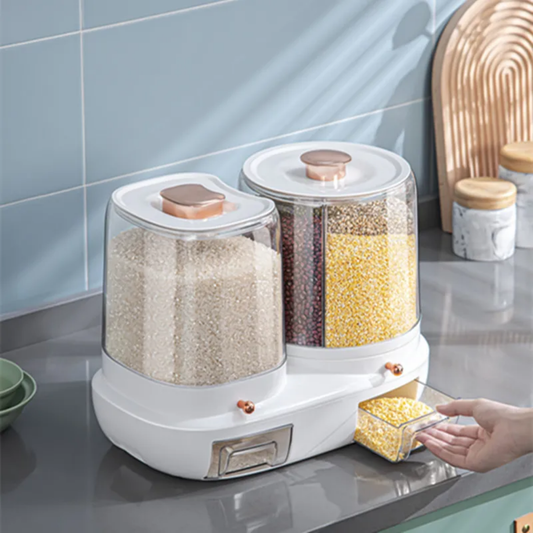 Premium Dual-Tank Rotating Cereal Dispenser – Double 360° Grain Storage Organizer with Independent Measuring Drawers