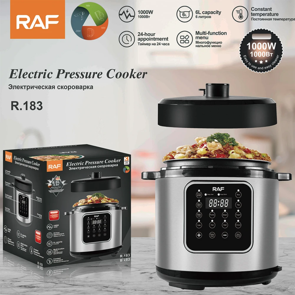 RAF R.183 6L Electric Pressure Cooker 1000W – Smart Digital Multicooker, Stainless Steel, Fast Cooking