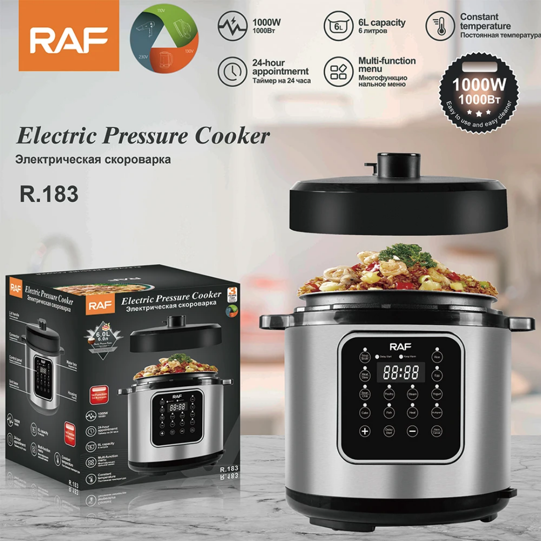 RAF R.183 6L Electric Pressure Cooker 1000W – Smart Digital Multicooker, Stainless Steel, Fast Cooking