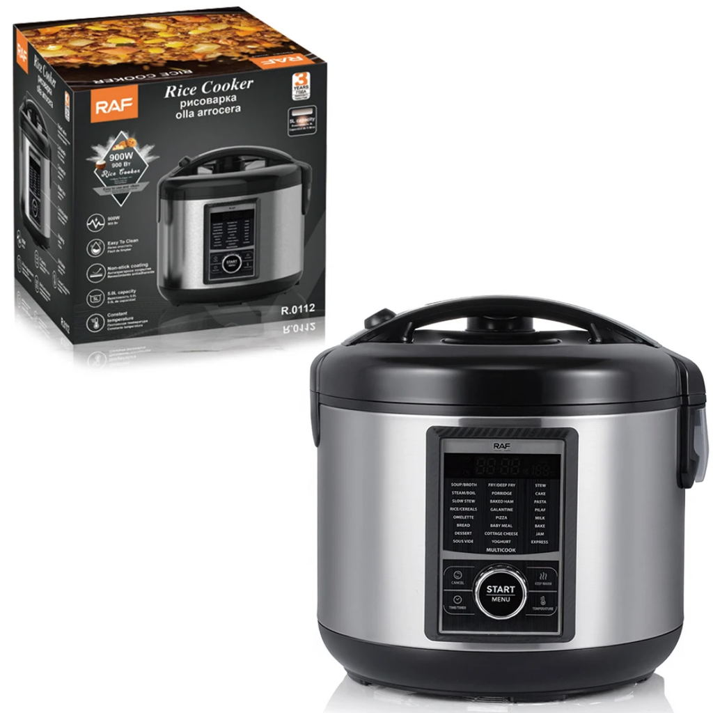 RAF R.0112 5L Electric Rice Cooker – Stainless Steel Smart Multicooker, Digital Timer, Multi-Function