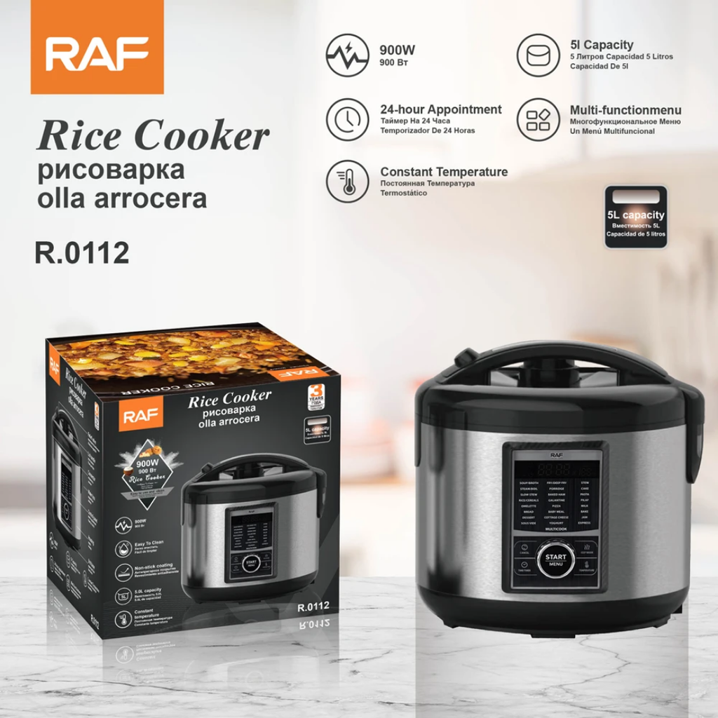 RAF R.0112 5L Electric Rice Cooker – Stainless Steel Smart Multicooker, Digital Timer, Multi-Function