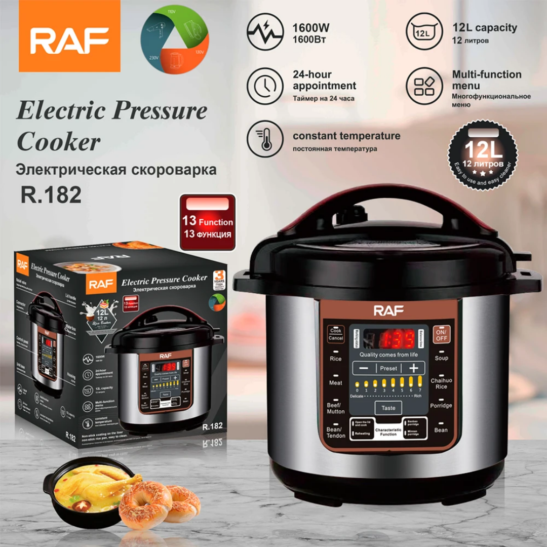 RAF R.182 12L Electric Pressure Cooker 1600W – Smart Programmable Multicooker, Large Capacity, Non-Stick Pot