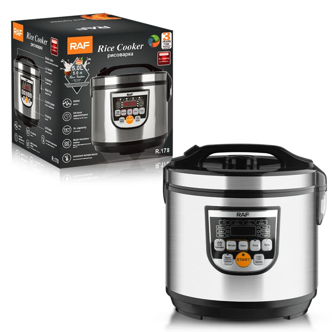 RAF R.178 5L Electric Rice Cooker 900W – Smart Programmable Multicooker with Steamer, Non-Stick Pot