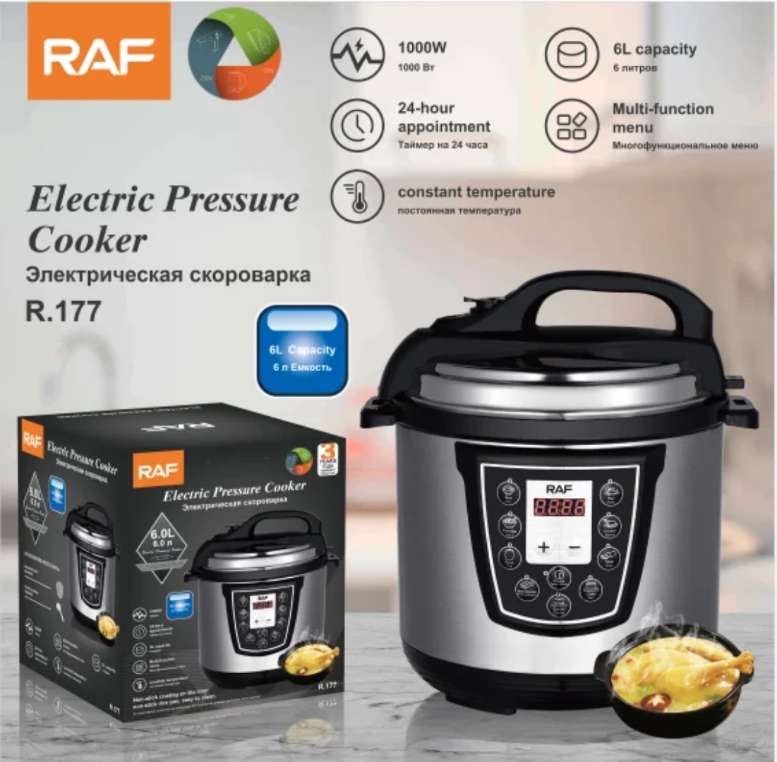 RAF R.177 6L Electric Pressure Cooker 1000W – Smart Programmable Multicooker with 24-Hour Timer, Non-Stick Pot