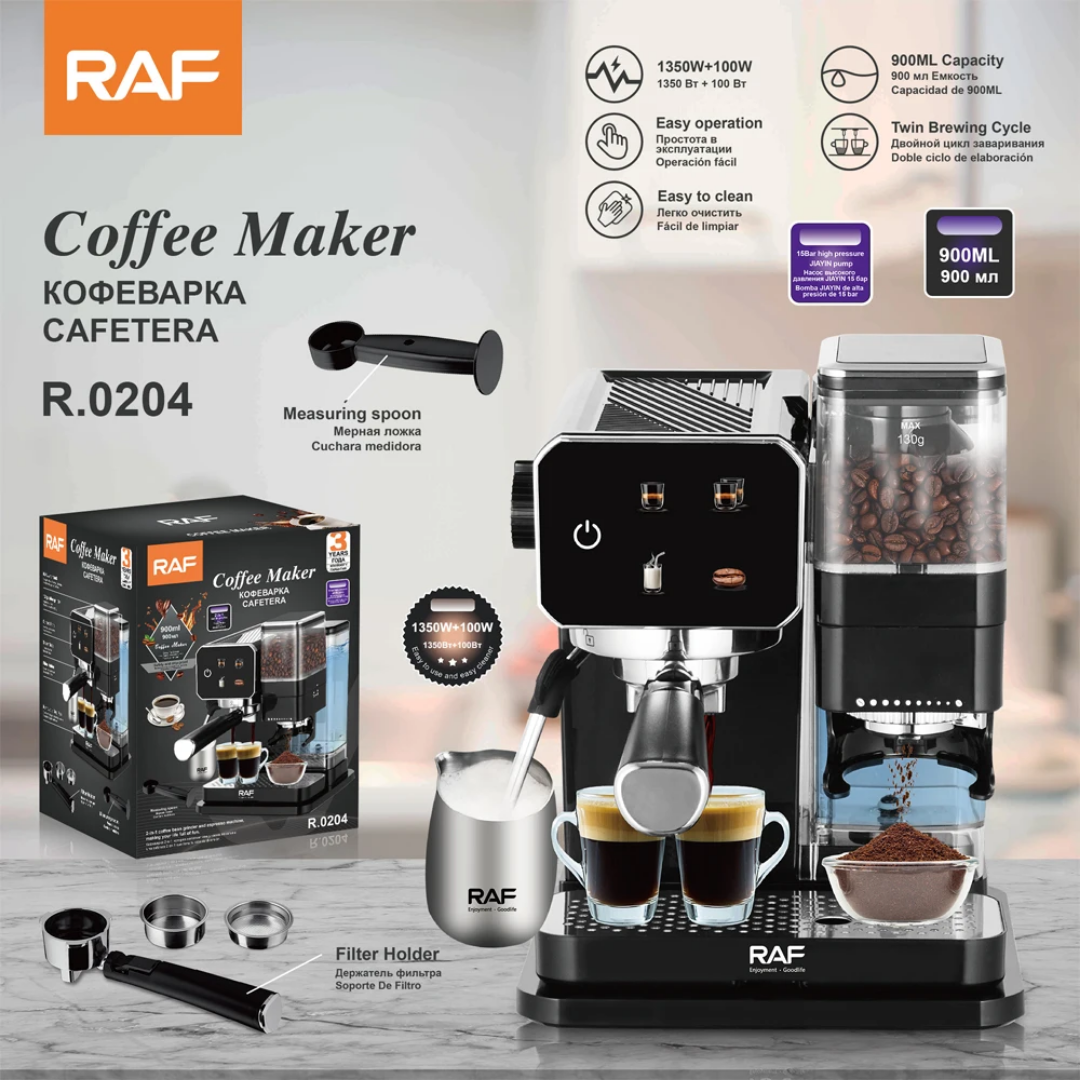 Automatic Espresso Machine RAF R.0204 – Smart 5-in-1 Coffee Maker with Built-In Grinder and 15-Bar Pressure System