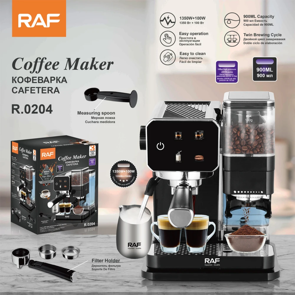 Automatic Espresso Machine RAF R.0204 – Smart 5-in-1 Coffee Maker with Built-In Grinder and 15-Bar Pressure System