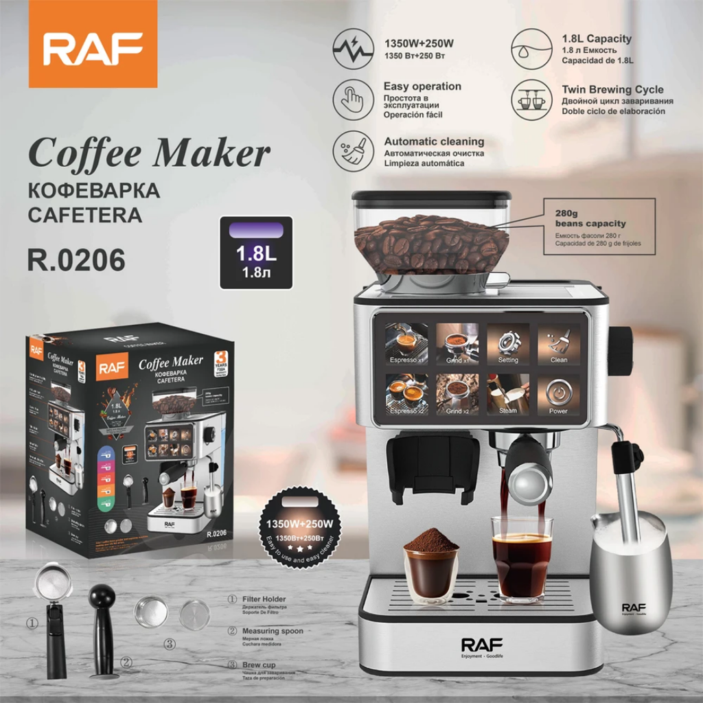 Commercial Smart Espresso Machine. RAF R.0206 - Dual Boiler Coffee Maker with Touchscreen and Automatic Milk Frother
