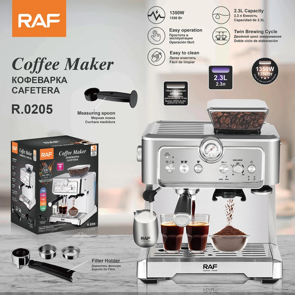 RAF R.0205 Semi-Automatic Espresso Machine – 15 Bar Coffee Maker with Steam Wand and 2.3L Water Tank