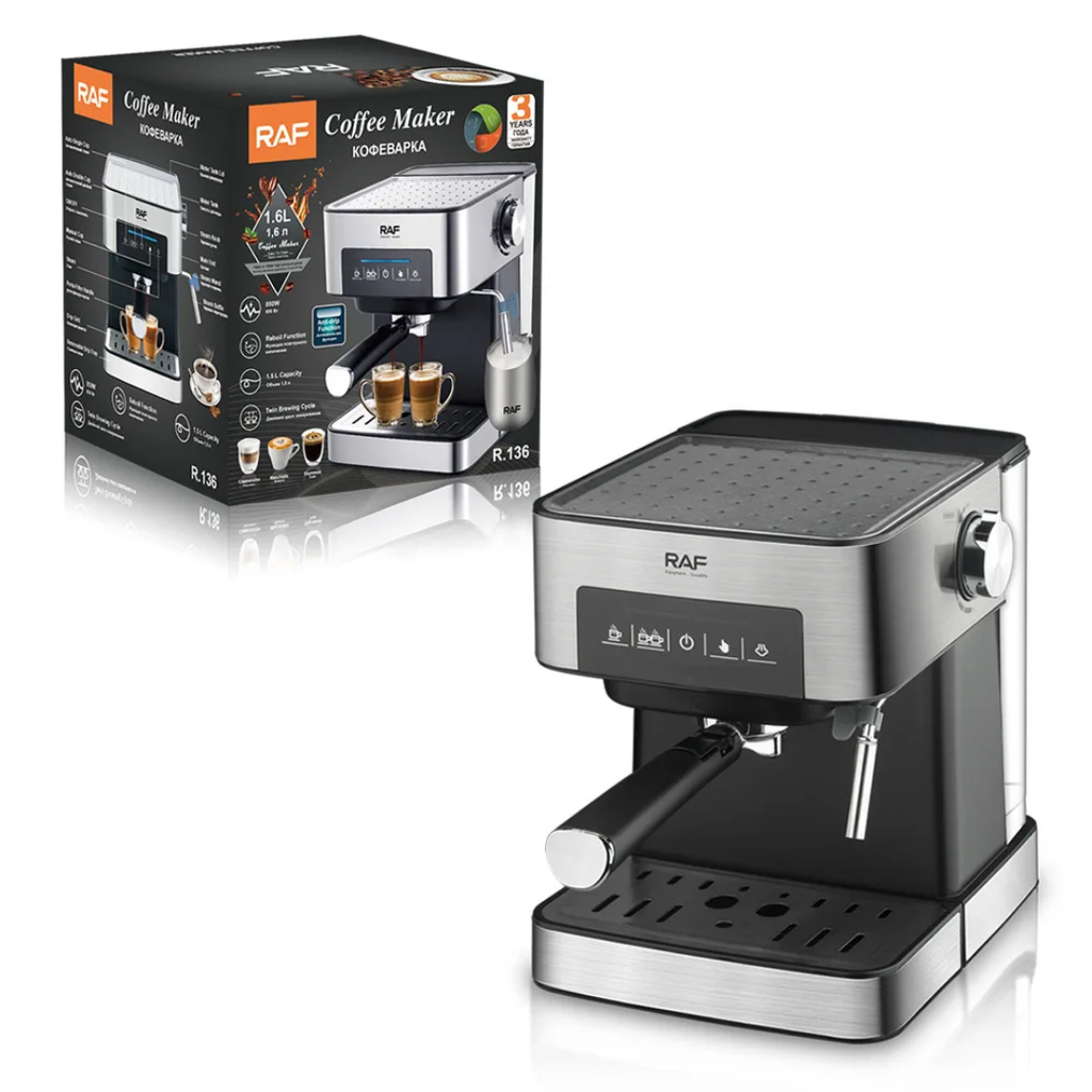RAF R.136 Stainless Steel Espresso Coffee Machine – 15 Bar Electric Moka Coffee Maker with Milk Frother