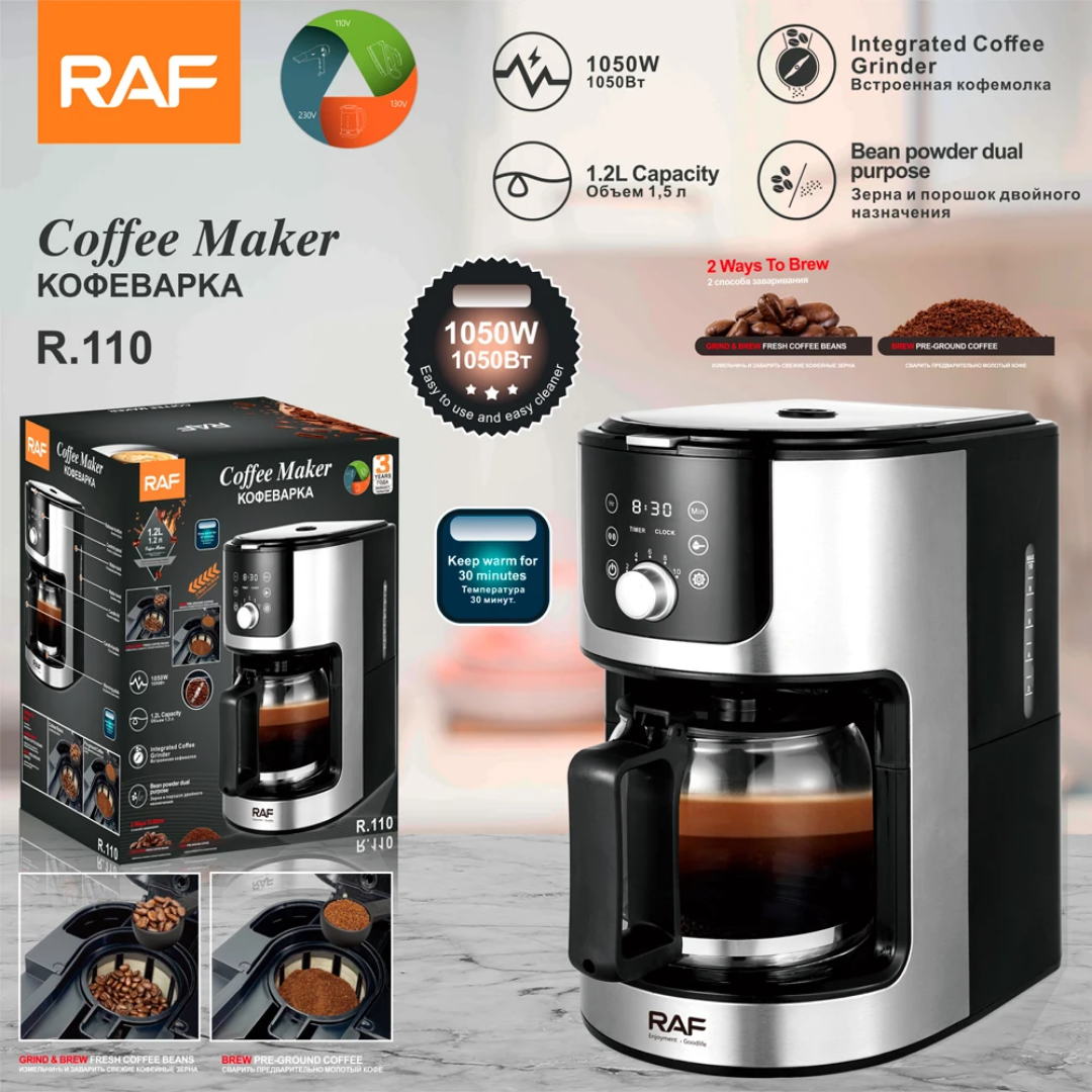 Automatic Coffee Maker. RAF 110 – Programmable Coffee Machine with Built-In Grinder (1.2L)