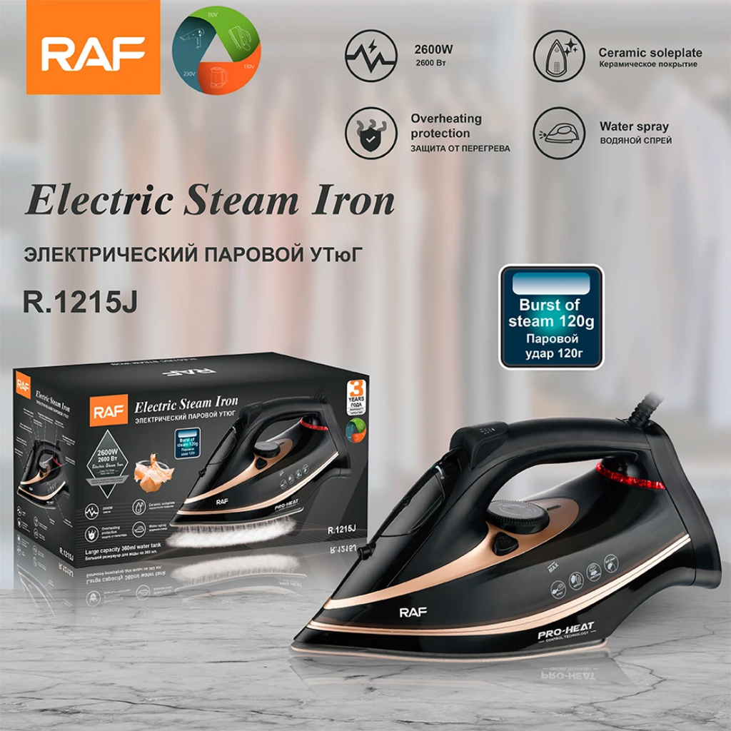 Electric Steam Iron. RAF R.1215 – 2200W Electric Flat Iron with Self-Cleaning System and Powerful Steam Burst