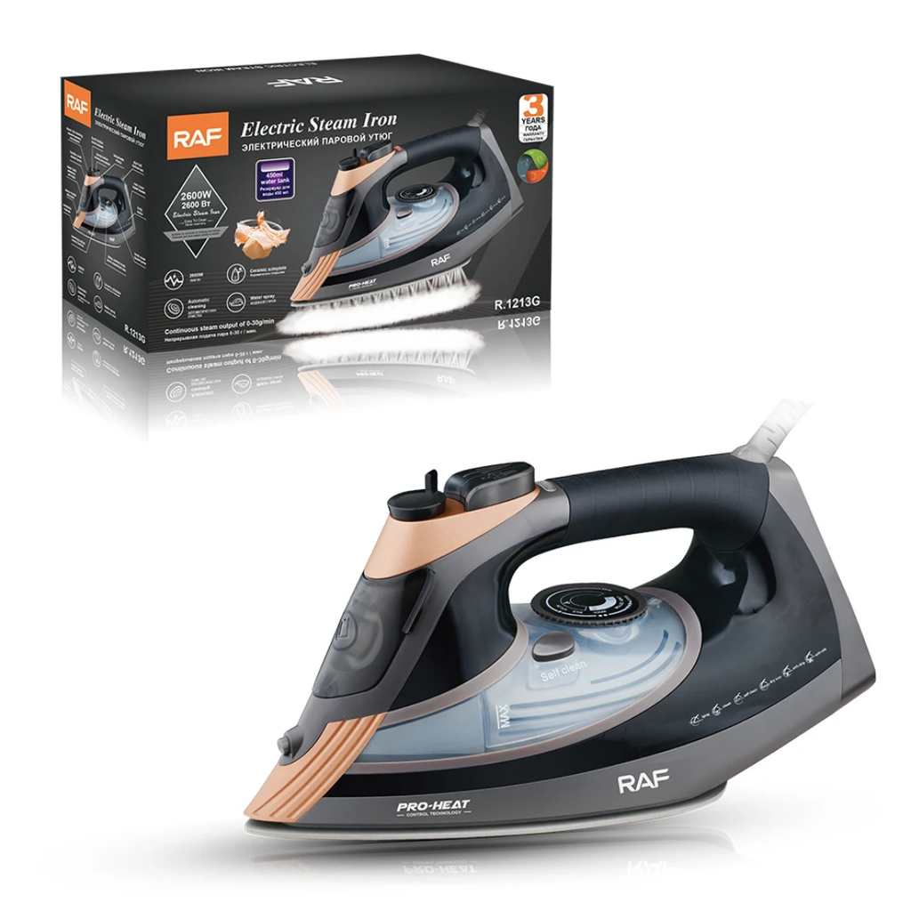 Electric Steam Iron. RAF R.1213 Professional Steam Iron – 2400W Electric Clothes Iron with Ceramic Soleplate and Self-Cleaning Function