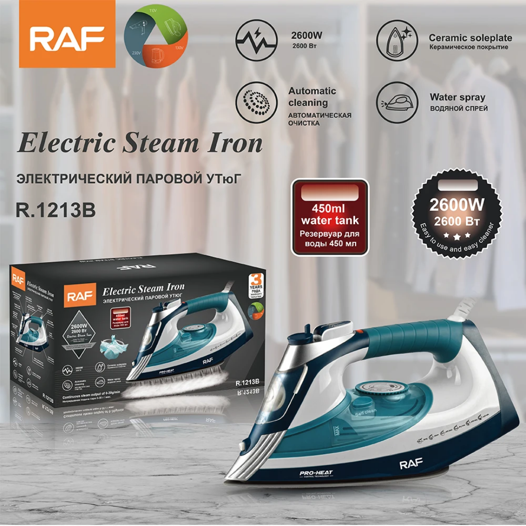 Electric Steam Iron. RAF R.1213 Professional Steam Iron – 2400W Electric Clothes Iron with Ceramic Soleplate and Self-Cleaning Function