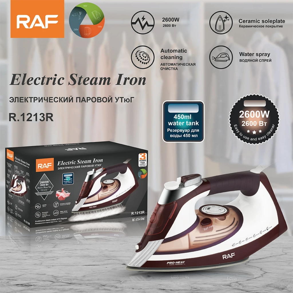 Electric Steam Iron. RAF R.1213 Professional Steam Iron – 2400W Electric Clothes Iron with Ceramic Soleplate and Self-Cleaning Function