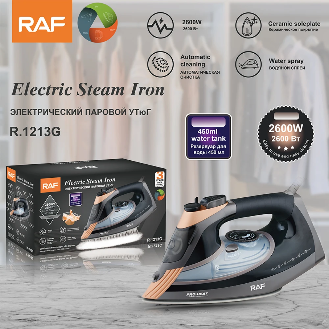 Electric Steam Iron. RAF R.1213 Professional Steam Iron – 2400W Electric Clothes Iron with Ceramic Soleplate and Self-Cleaning Function