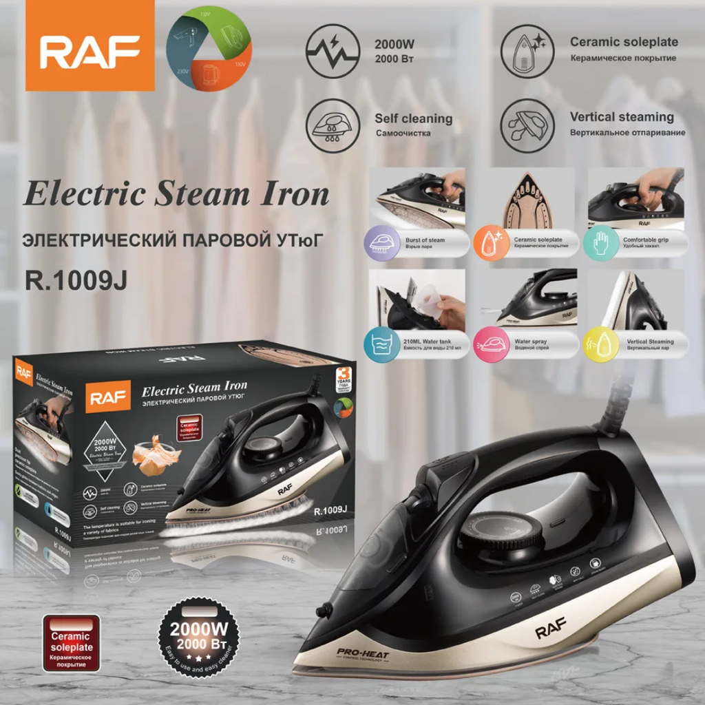 Electric Steam Iron RAF R.1009 Steam Iron – 2000W Burst Steam Electric Iron with Ceramic Soleplate