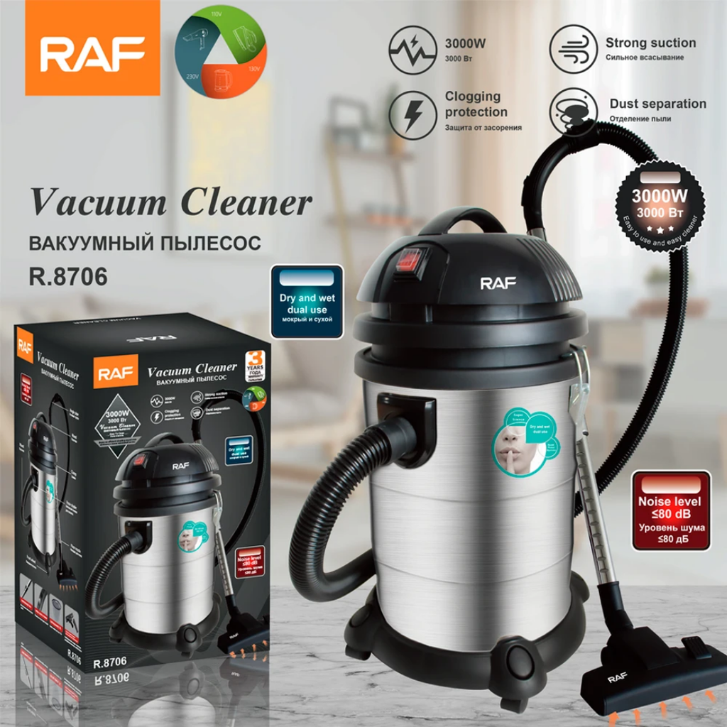 Portable Drum Vacuum Cleaner RAF R.8706- 1400W Handheld Barrel Cleaning Machine with 30L Capacity