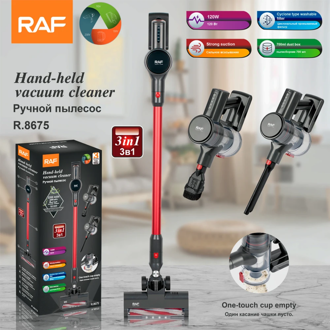 3-in-1 Handheld Upright Vacuum Cleaner RAF R.8675 - Cordless Stick Vacuum with HEPA Filter & LED Brush