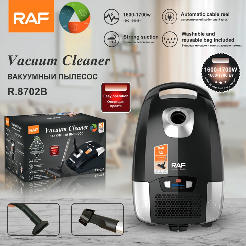 RAF R.8702 Bagged Electric Vacuum Cleaner – 1700W Strong Suction Canister Vacuum with Multi-Filter System