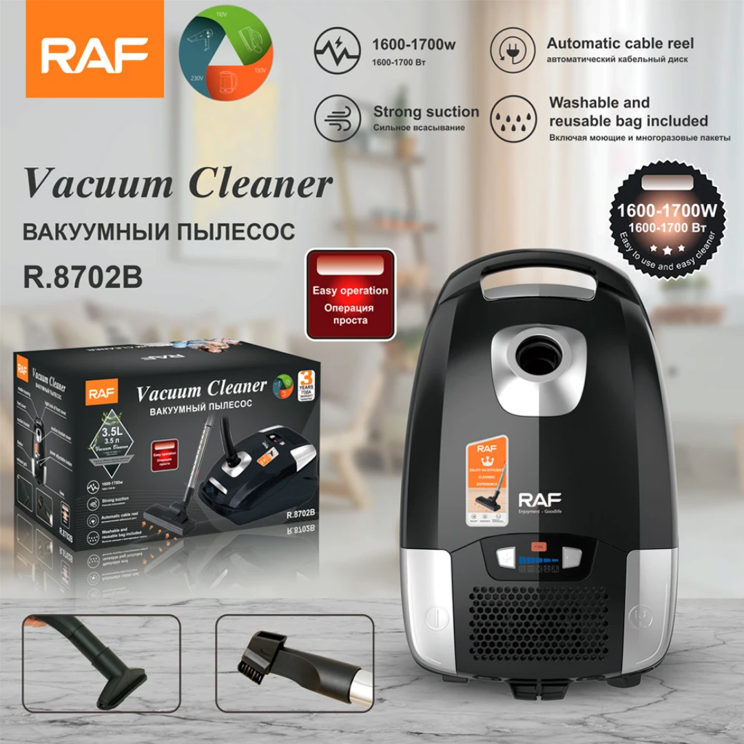 RAF R.8702 Bagged Electric Vacuum Cleaner – 1700W Strong Suction Canister Vacuum with Multi-Filter System