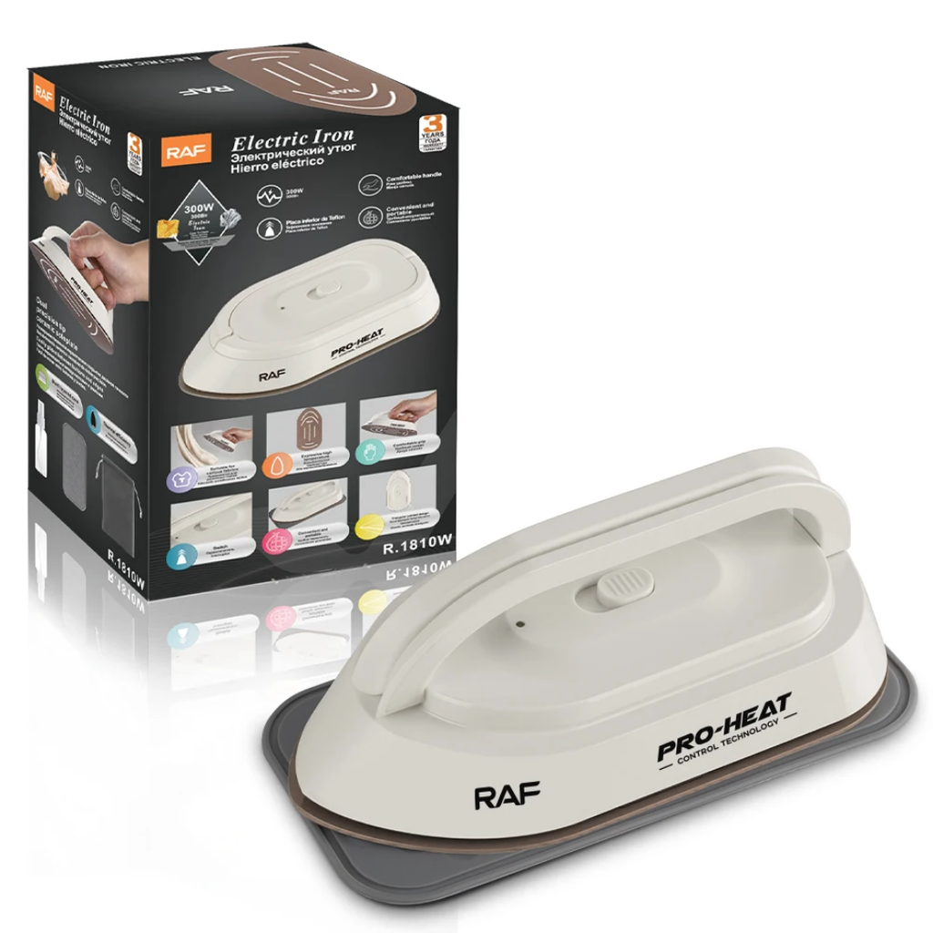 RAF R.1810 Mini Travel Steam Iron – 300W Dual Voltage (110V/220V) with Rotatable Handle & Teflon Soleplate