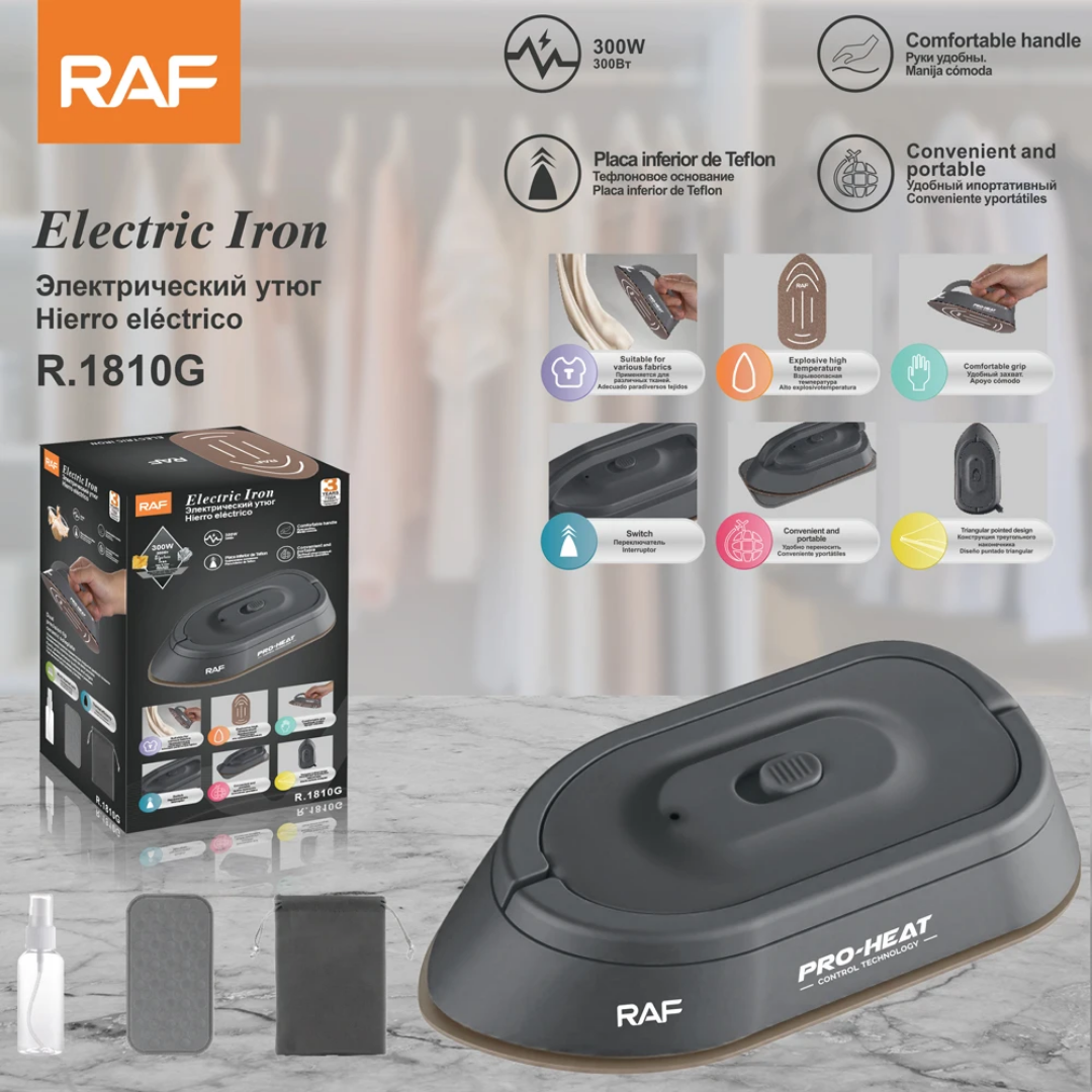 RAF R.1810 Mini Travel Steam Iron – 300W Dual Voltage (110V/220V) with Rotatable Handle & Teflon Soleplate