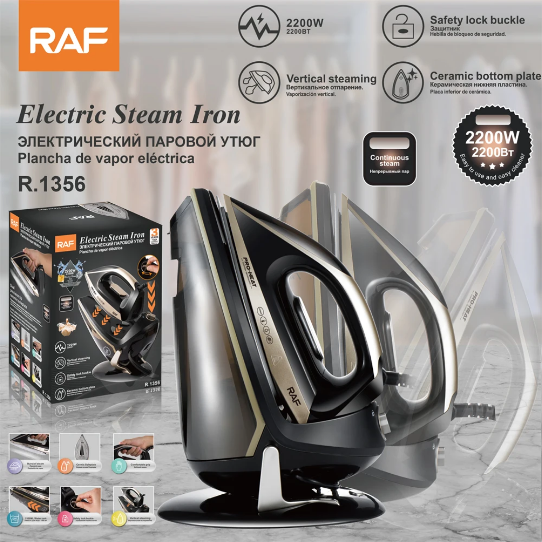 RAF R.1356 Professional 2200W Electric Steam Iron – Ceramic Soleplate with Vertical Steaming & Safety Lock