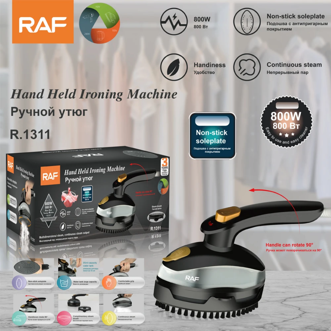 Portable Hanging Ironing Machine RAF R.1311 – 800W Travel Steam Iron with 90° Rotating Handle & Steam Brush